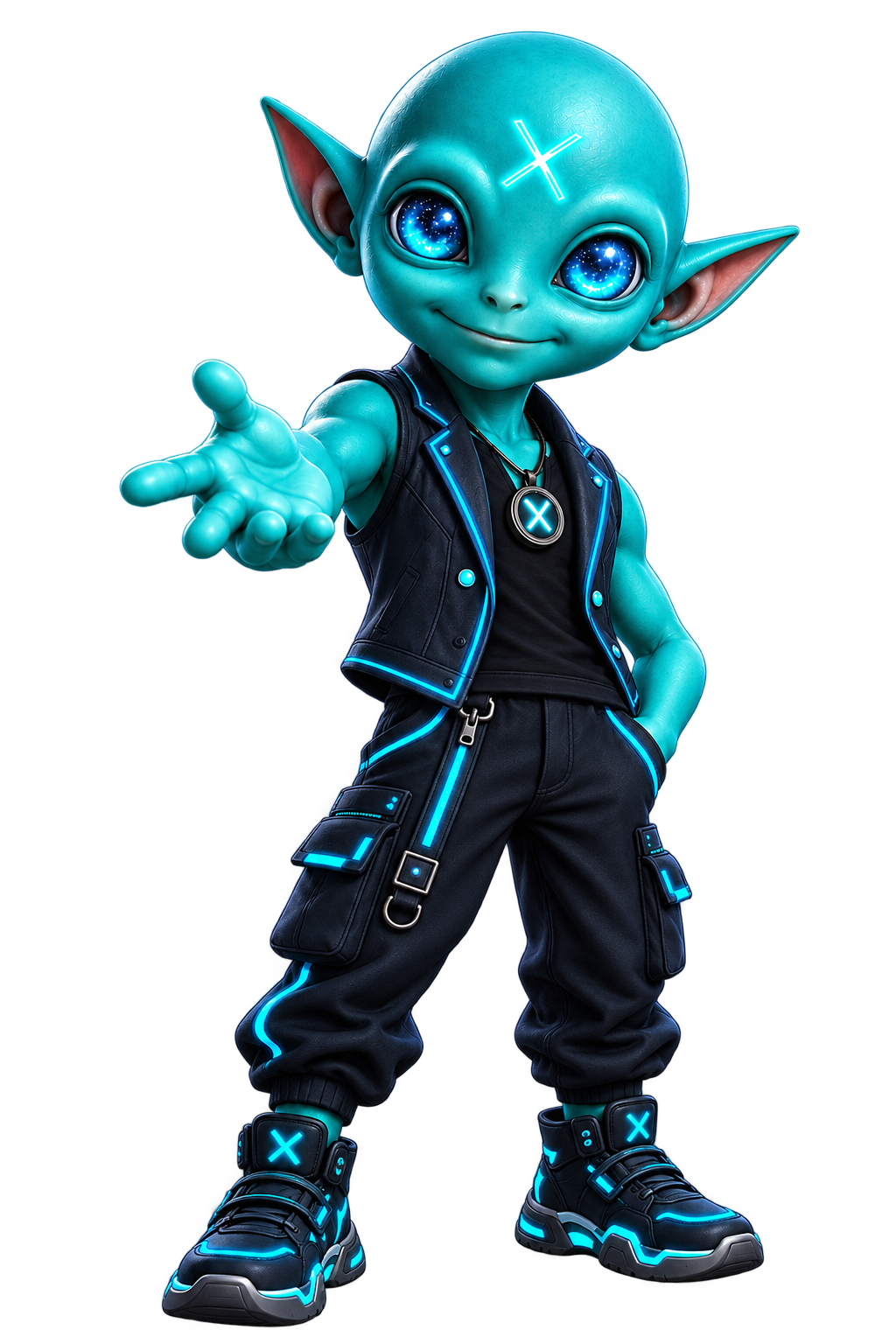 Groklet, a friendly teal alien with sparkling cosmic eyes and a glowing X on its forehead